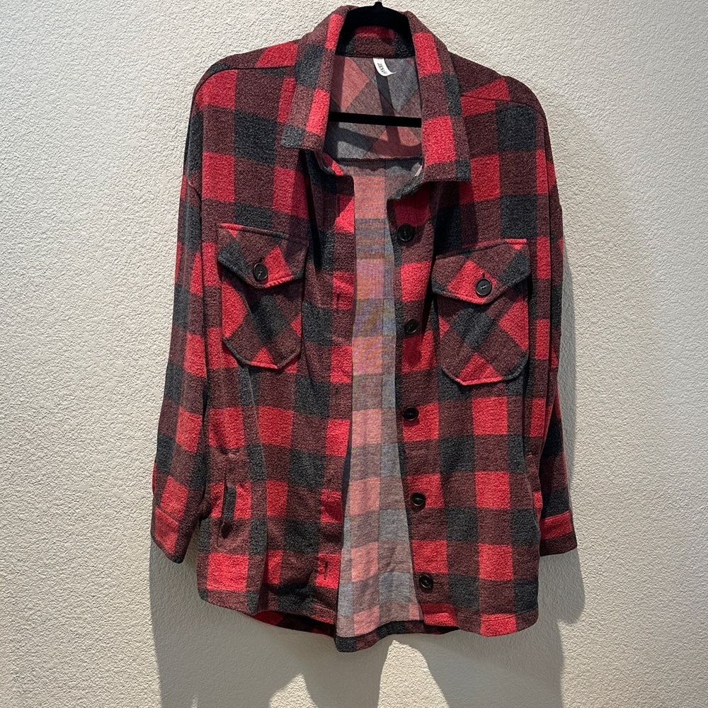 Womens Red & Black Plaid Button-Front Shacket Size XL